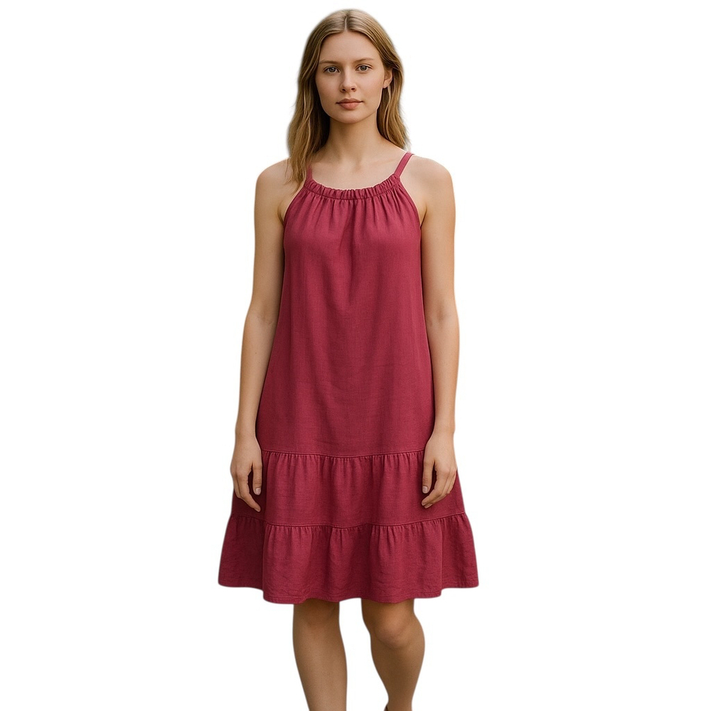 Bellambra Shift Dress S Small Pink Linen Halter Ruffle Tiered Hem Made in Italy